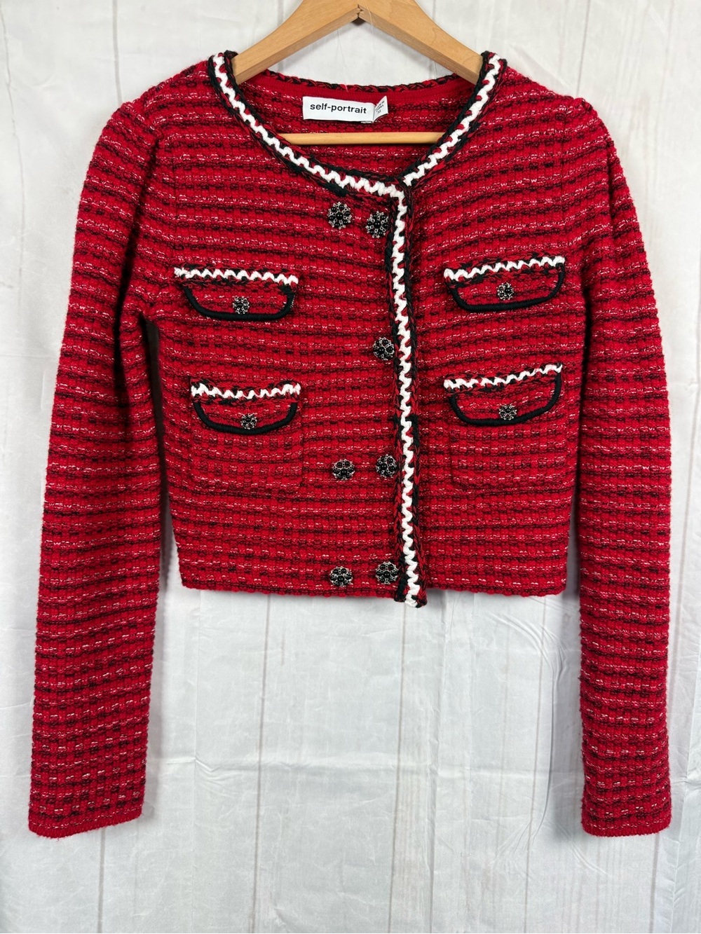 SELF-PORTRAIT Cropped Cardigan Size M Red wool-cotton blend mélange
